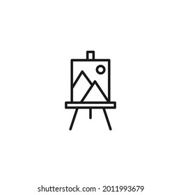 El concepto de profesión y ocupación. Diseñador gráfico. Icono de línea de caballete con montaña y sol sobre lienzo 
