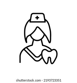 Profession And Occupation Concept. Modern Outline Sign Drawn In Flat Style. Editable Stroke. Vector Monochrome Isolated Line Icon Of Female Dentist Or Stomatologist 