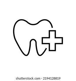 Profession and occupation concept. Modern outline sign drawn in flat style. Editable stroke. Vector monochrome isolated line icon of medical cross next to tooth 