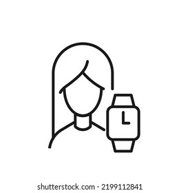 Profession, occupation, hobby of woman. Outline sign drawn with black thin line. Editable stroke. Vector monochrome line icon of wristwatch by female