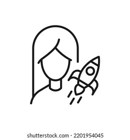 Profession, occupation, hobby of woman. Outline sign drawn with black thin line. Editable stroke. Vector monochrome line icon of rocket for space by female