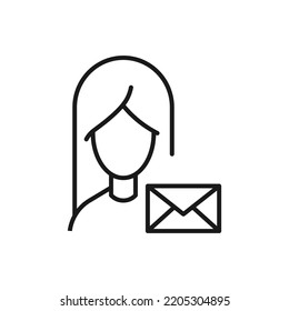 Profession, occupation, hobby of woman. Outline sign drawn with black thin line. Editable stroke. Vector monochrome line icon of envelope by female