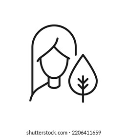 Profession, occupation, hobby of woman. Outline sign drawn with black thin line. Editable stroke. Vector monochrome line icon of leaf or tree by female