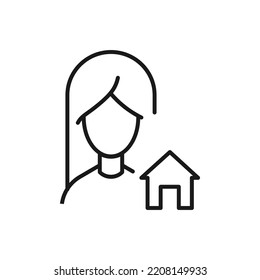 Profession, occupation, hobby of woman. Outline sign drawn with black thin line. Editable stroke. Vector monochrome line icon of house or home by female