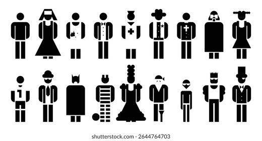 Profession and Occupation Icon Set – Vector Human Figures Representing Jobs and Roles Including Doctor, Chef, Teacher, Police, Worker, Engineer, and More – Career Symbols for Design Projects

