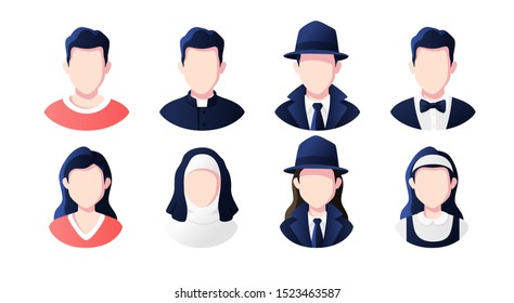 Profession, occupation people avatars set isolated. Priest, nun, detective, maid. Profile picture icons. Male and female faces. Cute cartoon modern simple design. Flat style vector illustration.