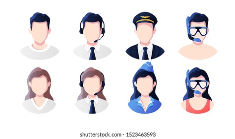 Profession, occupation people avatars set. Support, pilot, stewardess, vacationers. Profile picture icons. Male and female faces. Cute cartoon modern simple design. Flat style vector illustration.