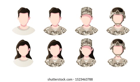 Profession, occupation people avatars set. Soldier. Profile picture icons. Male and female faces. Cute cartoon modern simple design. Flat style vector illustration.