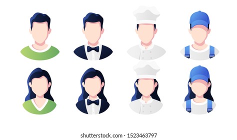 Profession, occupation people avatars set. Waiter, cook, deliveryman, plumber. Profile picture icons. Male and female faces. Cute cartoon modern simple design. Flat style vector illustration.