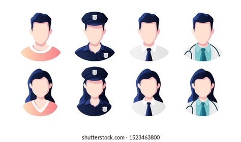 Profession, occupation people avatars set isolated. Policeman, doctor, office worker. Profile picture icons. Male and female faces. Cute cartoon modern simple design. Flat style vector illustration.