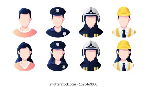 Profession, occupation people avatars set. Policeman, builder, fireman. Profile picture icons. Male and female faces. Cute cartoon modern simple design. Flat style vector illustration.