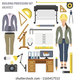 Profession and occupation set. Architect tools workplace equipment. Vector illustration 