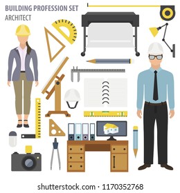 Profession and occupation set. Architect tools workplace equipment. Vector illustration 