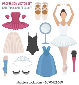 Profession and occupation set. Ballerina equipment flat design icon. Different suits of ballet dancer. Vector illustration 