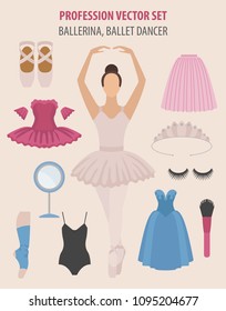 Profession and occupation set. Ballerina equipment flat design icon. Different suits of ballet dancer. Vector illustration 