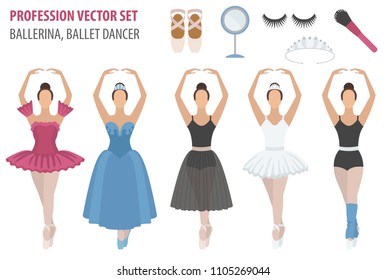 Profession and occupation set. Ballerina equipment flat design icon. Different suits of ballet dancer. Vector illustration 