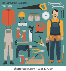Profession and occupation set. Carpenter tools and  equipment. Uniform flat design icon. Vector illustration 