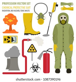 Profession and occupation set. Chemical protective suit flat design icon. The rescuer eliminates radiation, toxic waste. Vector illustration 