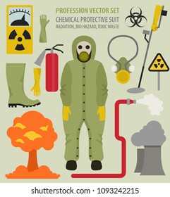 Profession and occupation set. Chemical protective suit flat design icon. The rescuer eliminates radiation, toxic waste. Vector illustration 