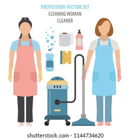 Profession and occupation set. Cleaning woman uniform, equipment flat design icon.Vector illustration 