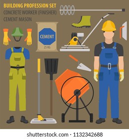 Profession and occupation set. Concrete worker tools and  equipment, mason`s uniform flat design icon.Vector illustration 
