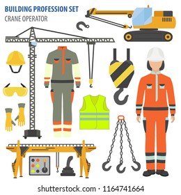 Profession and occupation set. Crane operator tools and  equipment. Uniform flat design icon.Vector illustration 