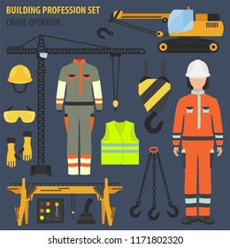 Profession and occupation set. Crane operator tools and  equipment. Uniform flat design icon.Vector illustration 
