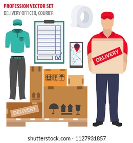 Profession and occupation set. Delivery officer equipment, courier uniform flat design icon.Vector illustration 