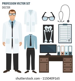 Profession and occupation set. Doctor`s workplace, medical staff uniform flat design icon.Vector illustration 