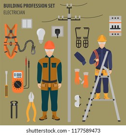 Profession and occupation set. Electrician tools and equipment. Uniform flat design icon. Vector illustration 