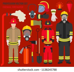 Profession and occupation set. Fireman equipment, firefighter service staff uniform flat design icon.Vector illustration 