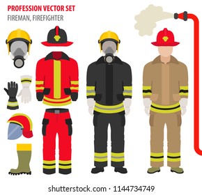 Profession and occupation set. Fireman equipment, firefighter service staff uniform flat design icon.Vector illustration 