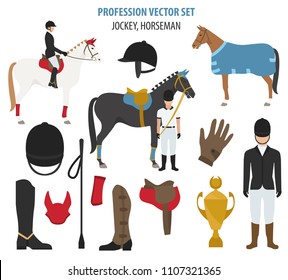 Profession and occupation set. Jockey equipment, horseman flat design icon. Vector illustration 