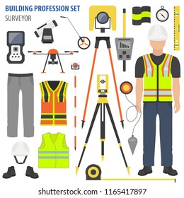 Profession and occupation set. Land surveyor tools and  equipment. Uniform flat design icon.Vector illustration 