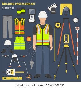 Profession and occupation set. Land surveyor tools and  equipment. Uniform flat design icon.Vector illustration 