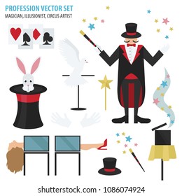 Profession and occupation set. Magician, illusionist, circus artist flat design icon. Vector illustration 