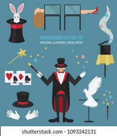 Profession and occupation set. Magician, illusionist, circus artist flat design icon. Vector illustration  svg