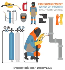 Profession and occupation set. Metal welding equipment, gas cutting flat design icon.Welder worker. Vector illustration 