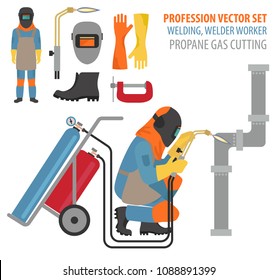 Profession and occupation set. Metal welding equipment, gas cutting flat design icon.Welder worker. Vector illustration 