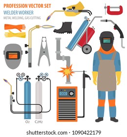 Profession and occupation set. Metal welding equipment, gas cutting flat design icon.Welder worker. Vector illustration 