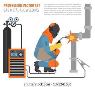 Profession and occupation set. Metal welding equipment, gas cutting flat design icon.Welder worker. Vector illustration 