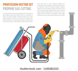 Profession and occupation set. Metal welding equipment, gas cutting flat design icon.Welder worker. Vector illustration 