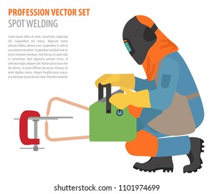 Profession and occupation set. Metal welding equipment, gas cutting flat design icon.Welder worker. Vector illustration 