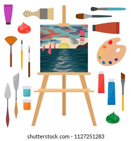 Profession and occupation set. Painter, artist accessories flat design icon.Vector illustration 