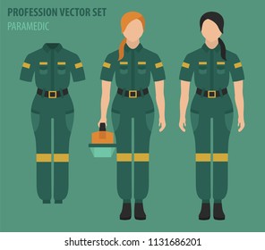 Profession and occupation set. Paramedic`s equipment, medical staff uniform flat design icon.Vector illustration 