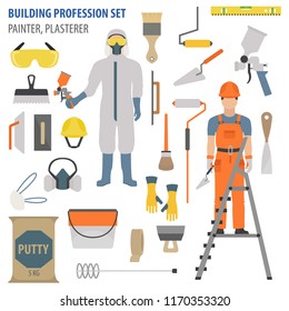 Profession and occupation set. Plasterer and painter tools and  equipment. Uniform flat design icon.Vector illustration 