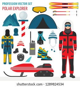 Profession and occupation set. Polar explorer, antarctic expedition equipment, flat design icon. Vector illustration 