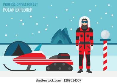 Profession and occupation set. Polar explorer, antarctic expedition equipment, flat design icon. Welder worker. Vector illustration 