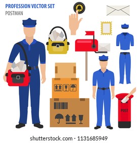 Profession and occupation set. Postman`s equipment, uniform flat design icon.Vector illustration 