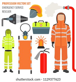 Profession and occupation set. Rescuer`s equipment, emergency service staff uniform flat design icon.Vector illustration 